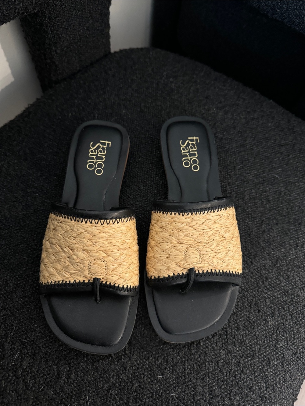 Franco Sarto Black and Natural Woven Toe-Ring Slides